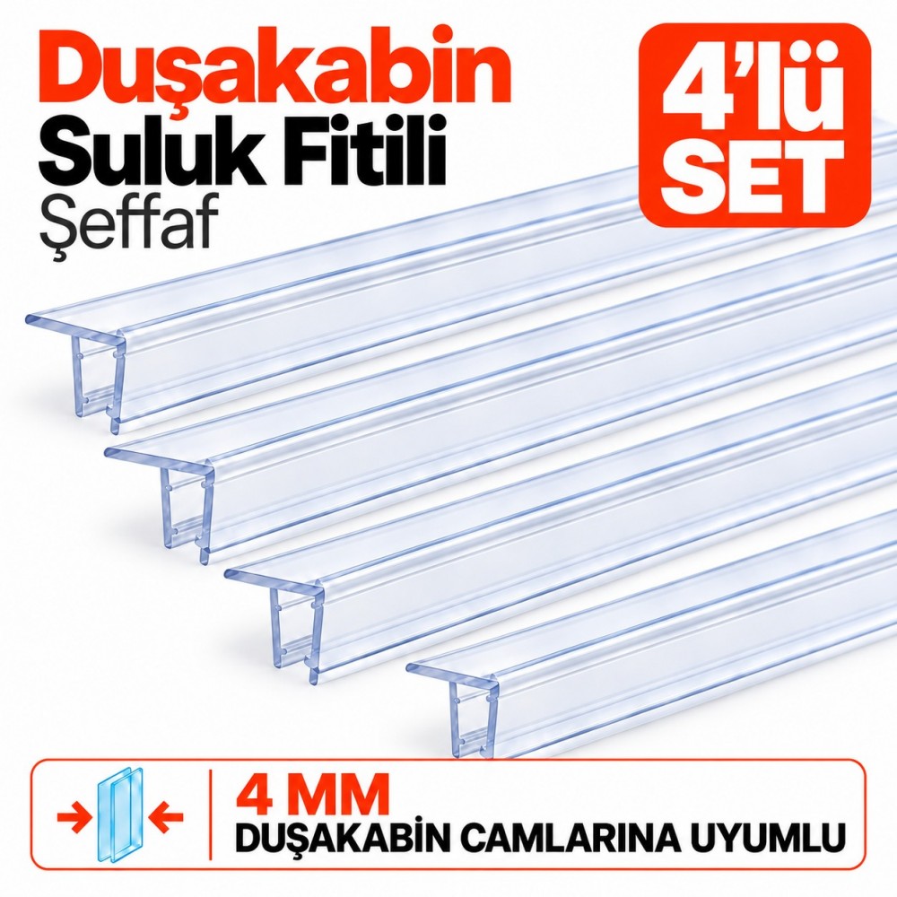 Durul Duşakabin Suluk Fitili Şeffaf 4'lü Set – 4 mm Cam, 180 cm