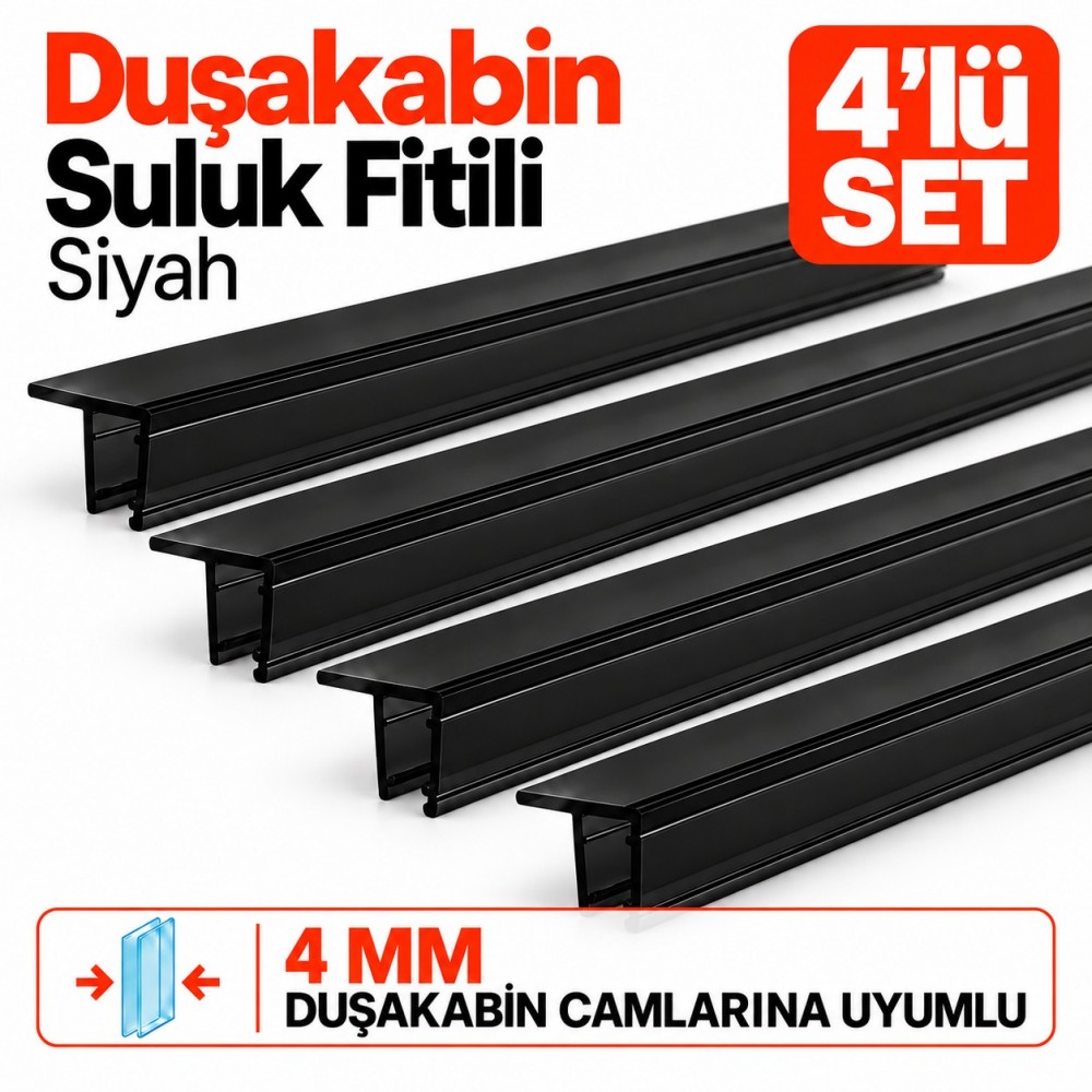 Durul Duşakabin Suluk Fitili Siyah 4'lü Set – 4 mm Cam, 180 cm