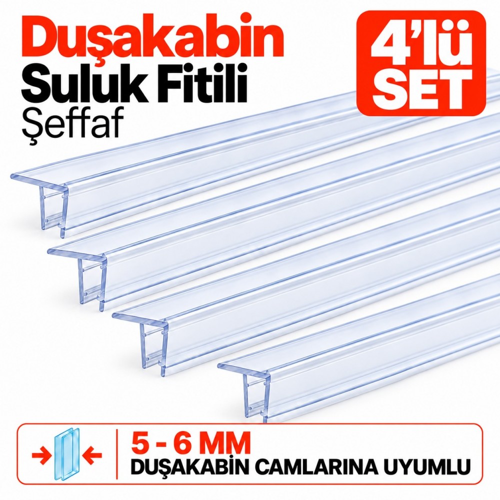 Durul Duşakabin Suluk Fitili Şeffaf 4'lü Set – 5-6 mm Cam, 190 cm
