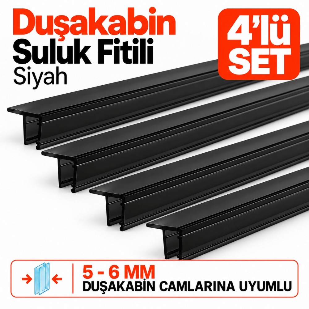 Durul Duşakabin Suluk Fitili Siyah 4'lü Set – 5-6 mm Cam, 190 cm