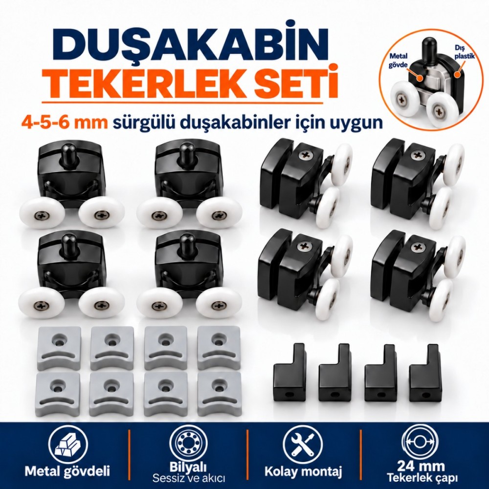 Durul Duşakabin Tekerlek Seti Bilyalı Rulman 4-5-6 mm Sürgülü Duşakabinler İçin