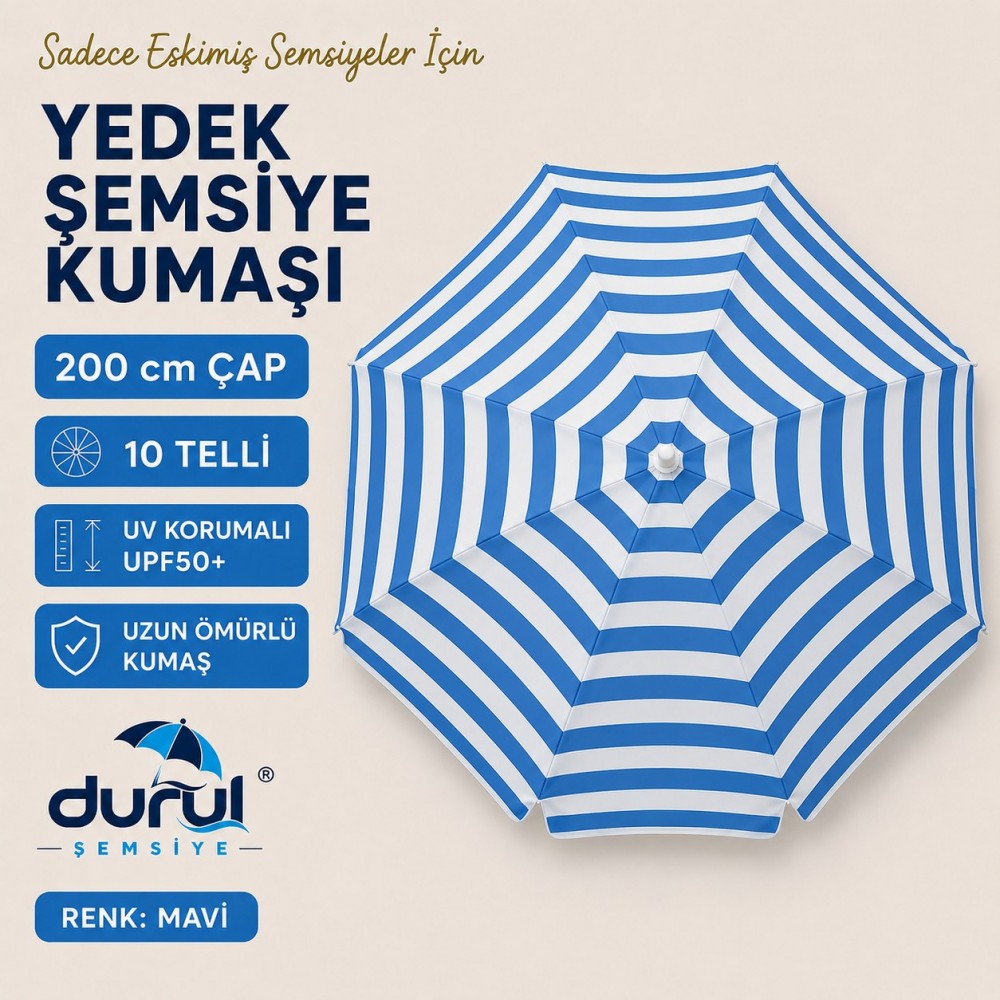 200 Cm Çap 10 Çelik Telli Mavi Çizgili Şemsiye İçin Yenileme Kumaşı