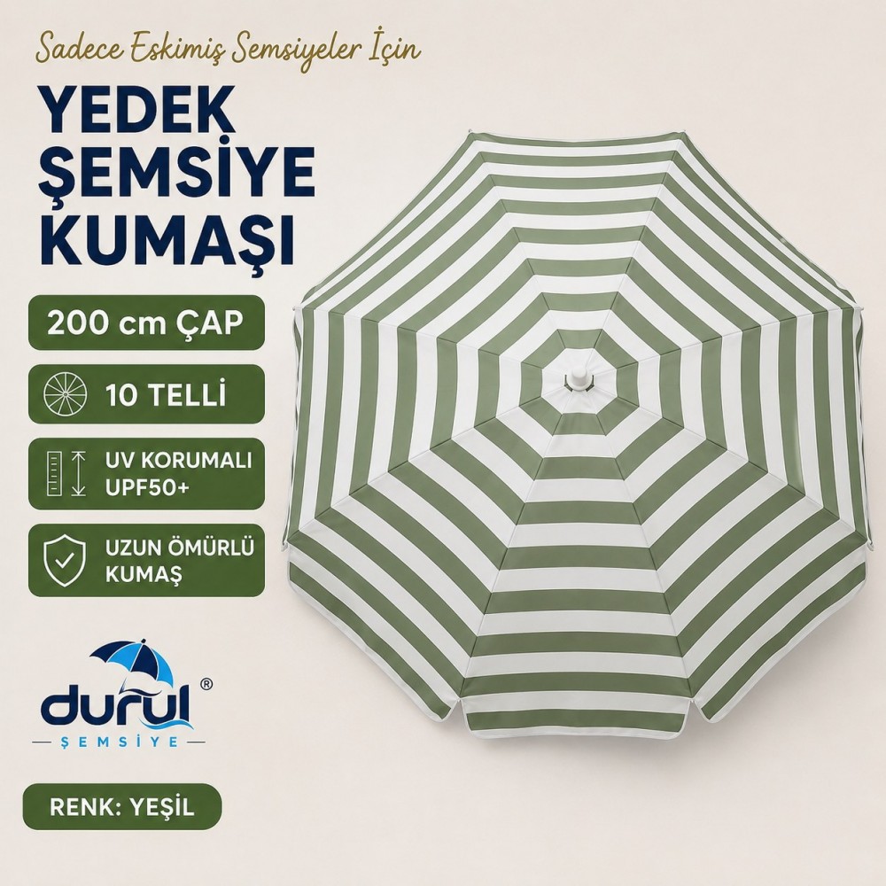 200 Cm Çap 10 Çelik Telli Yeşil Çizgili Şemsiye İçin Yenileme Kumaşı