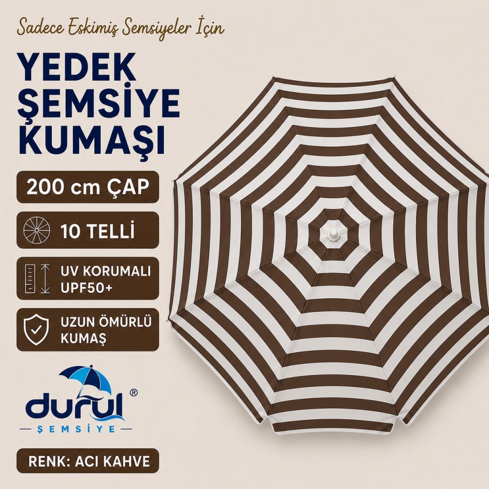 200 Cm Çap 10 Çelik Telli Acı Kahve Çizgili Şemsiye İçin Yenileme Kumaşı