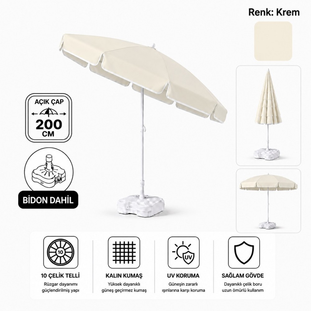 Durul Plaj Şemsiyesi Balkon Bahçe Güneş Şemsiyesi 200cm Bidon Dahil 10 Telli UV Korumalı - Krem