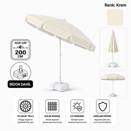 Durul Plaj Şemsiyesi Balkon Bahçe Güneş Şemsiyesi 200cm Bidon Dahil 10 Telli UV Korumalı - Krem