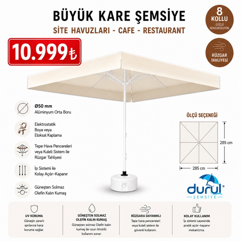 Durul Şemsiye Havuz, Bahçe, Restaurant, Cafe 2,85x2,85 - (3 Metre) Büyük Kare Şemsiye-Krem