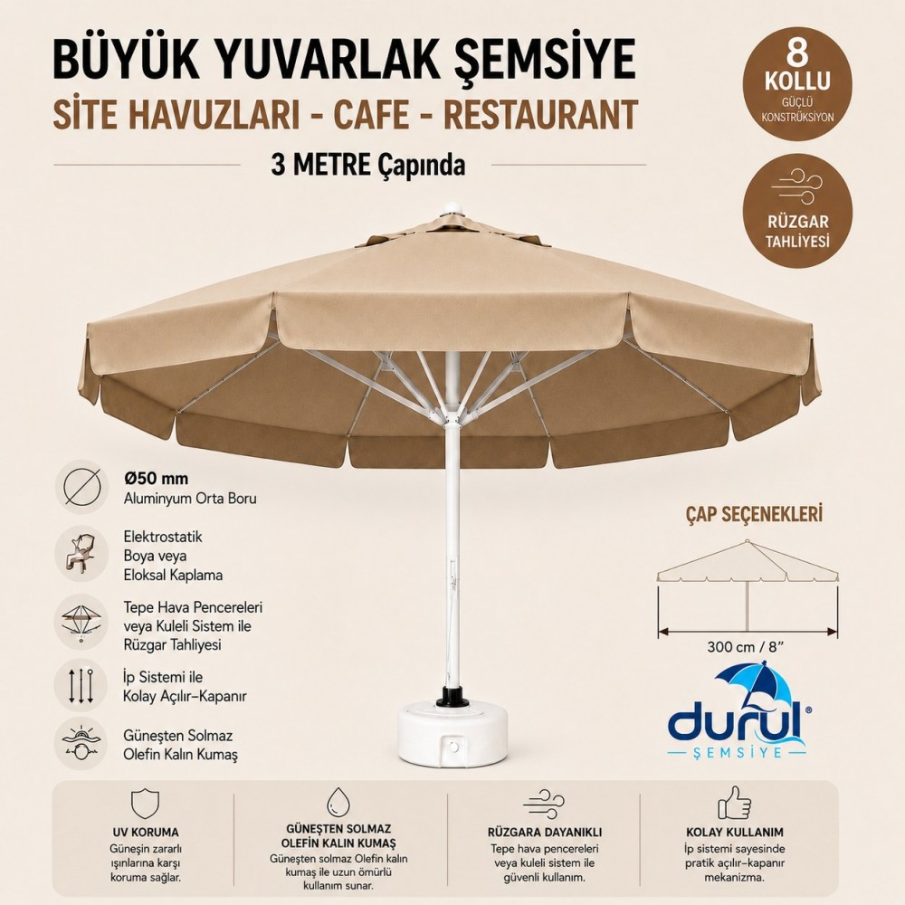 Durul Şemsiye Havuz, Bahçe, Restaurant, Cafe 300/8 - 3 Metre Büyük Yuvarlak Şemsiye-capuccino