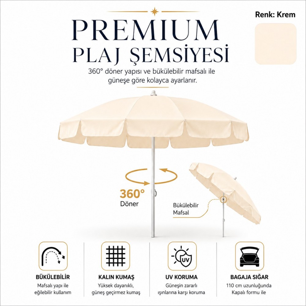 Durul Plaj Şemsiyesi , Güneş ve Balkon Şemsiyesi 200 Cm - 10 Çelik Telli Krem Renk Kalın Kumaş