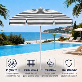 Durul Plaj Şemsiyesi Balkon Bahçe Güneş Şemsiyesi 200cm 10 Telli UV Korumalı – Gri Çizgili