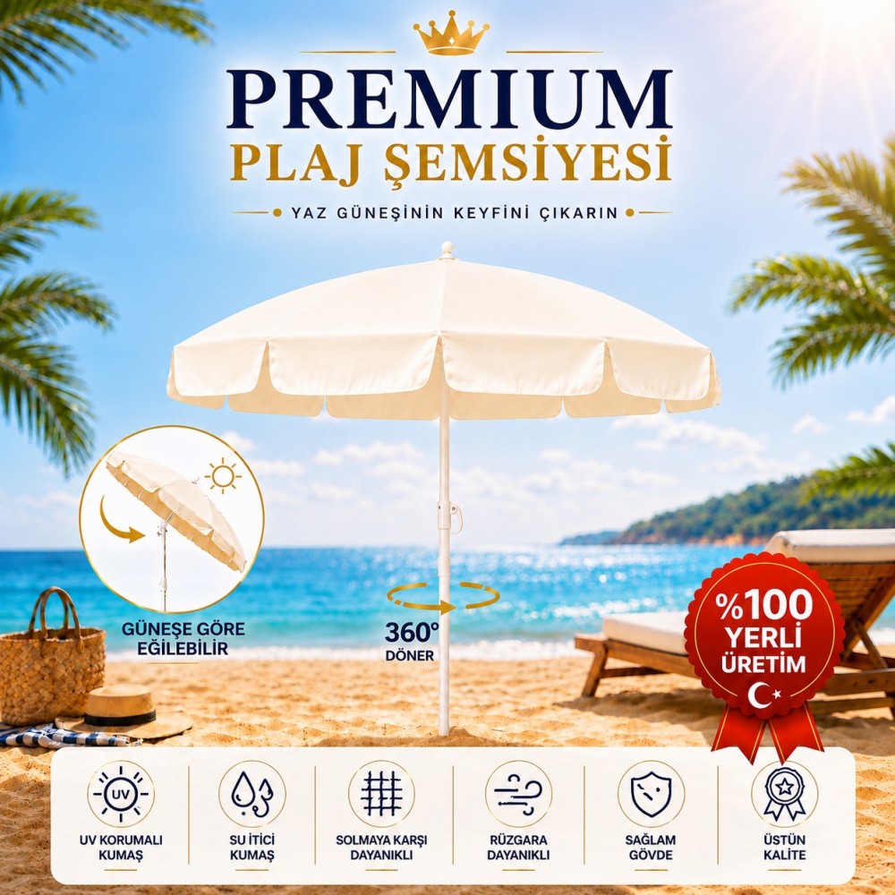 Durul Plaj Şemsiyesi , Güneş ve Balkon Şemsiyesi 180 Cm - 8 Telli Krem Renk Kalın Kumaş