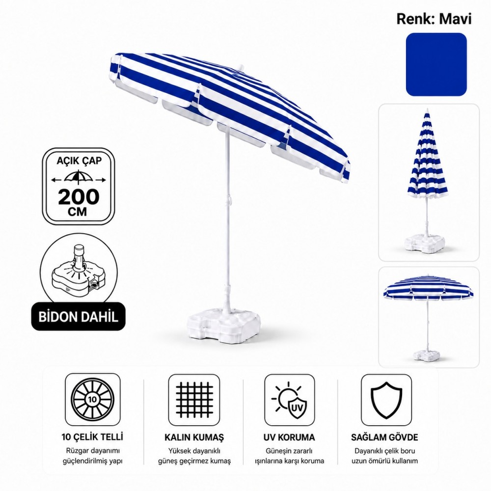Durul Plaj Şemsiyesi Balkon Bahçe Güneş Şemsiyesi 200cm Bidon Dahil 10 Telli UV Korumalı - Mavi