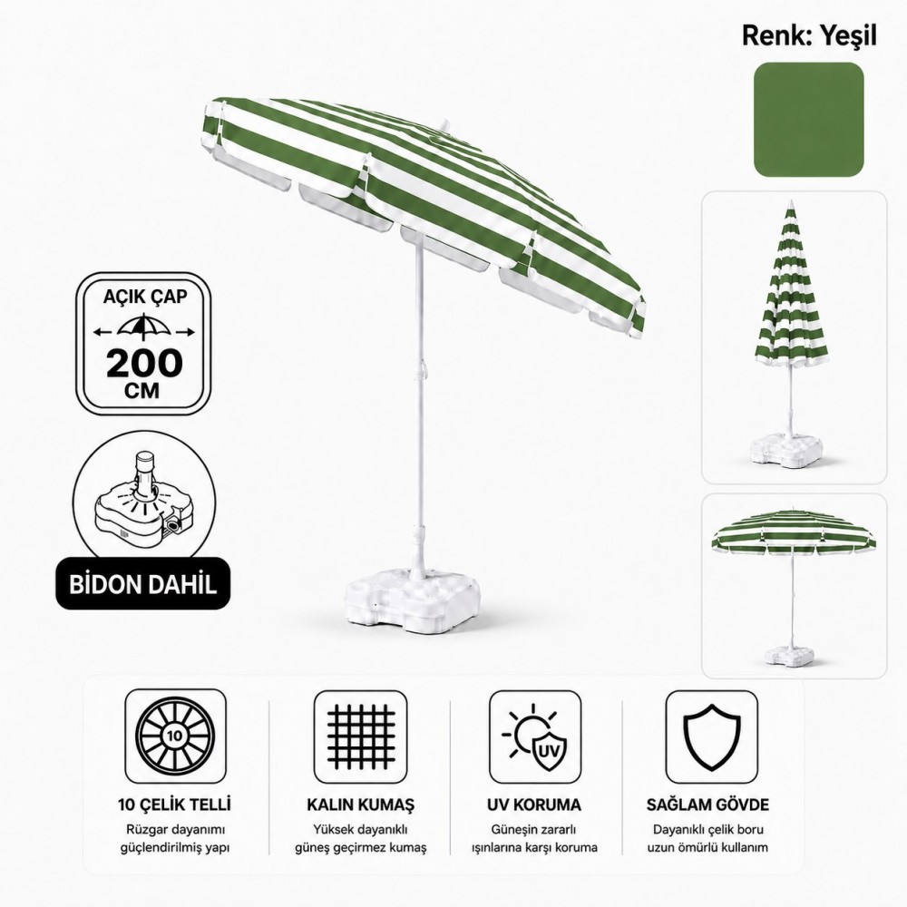 Durul Plaj Şemsiyesi Balkon Bahçe Güneş Şemsiyesi 200cm Bidon Dahil 10 Telli UV Korumalı - Yeşil