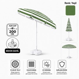 Durul Plaj Şemsiyesi Balkon Bahçe Güneş Şemsiyesi 200cm Bidon Dahil 10 Telli UV Korumalı - Yeşil