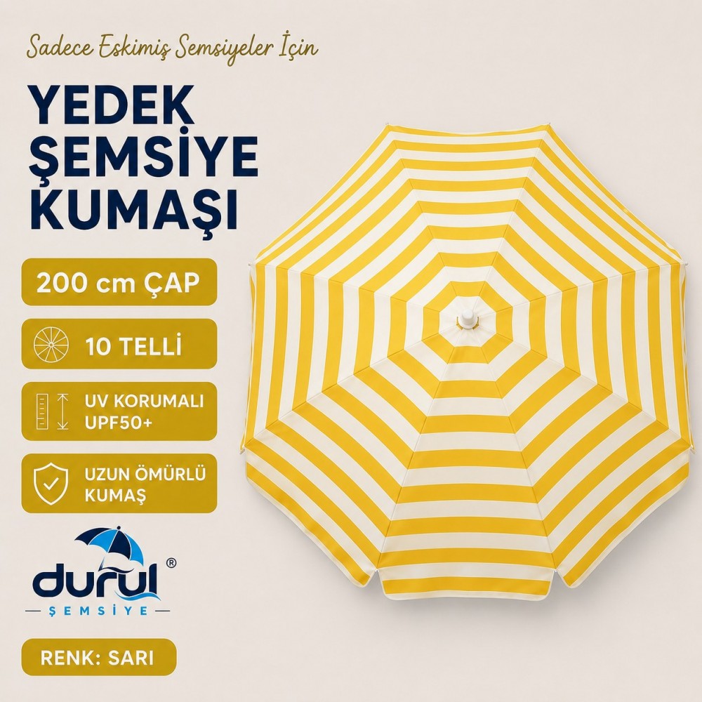 200 Cm Çap 10 Çelik Telli Sarı Çizgili Şemsiye İçin Yenileme Kumaşı