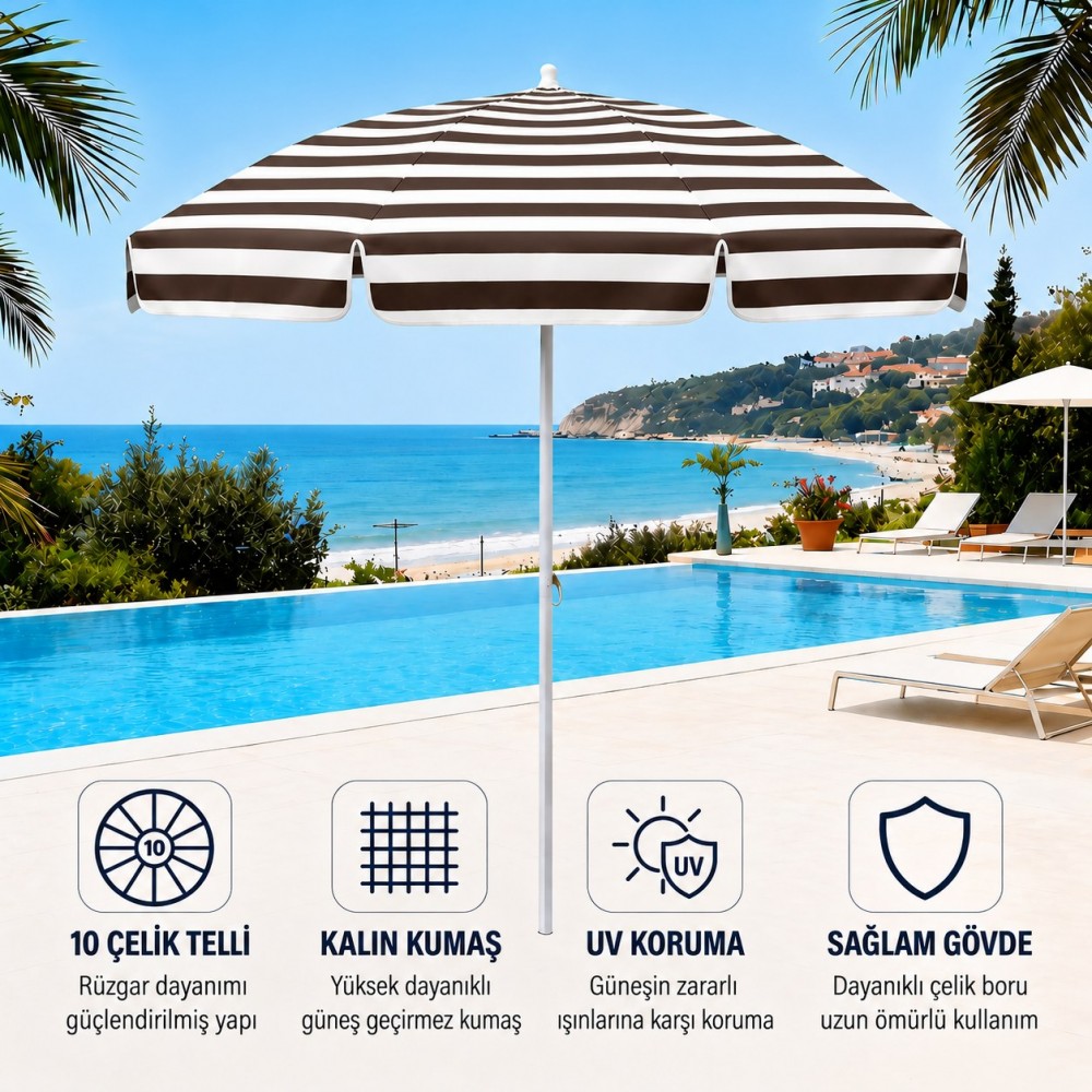 Durul Plaj Şemsiyesi Balkon Bahçe Güneş Şemsiyesi 200cm 10 Telli UV Korumaı – Kahve Çizgili