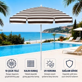 Durul Plaj Şemsiyesi Balkon Bahçe Güneş Şemsiyesi 200cm 10 Telli UV Korumaı – Kahve Çizgili