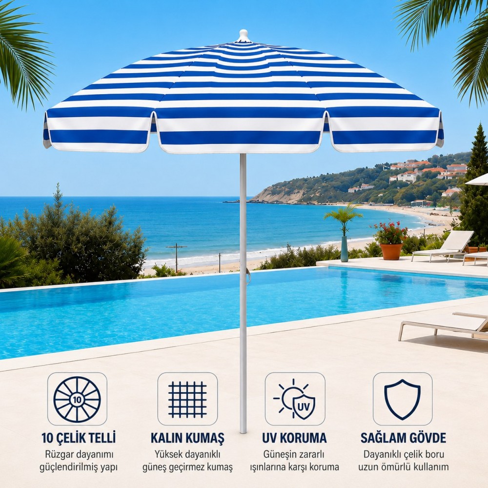 Durul Plaj Şemsiyesi Balkon Bahçe Güneş Şemsiyesi 200cm 10 Telli UV Korumalı – Mavi Çizgili