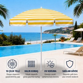 Durul Plaj Şemsiyesi Balkon Bahçe Güneş Şemsiyesi 200cm 10 Telli UV Korumalı – Sarı Çizgili