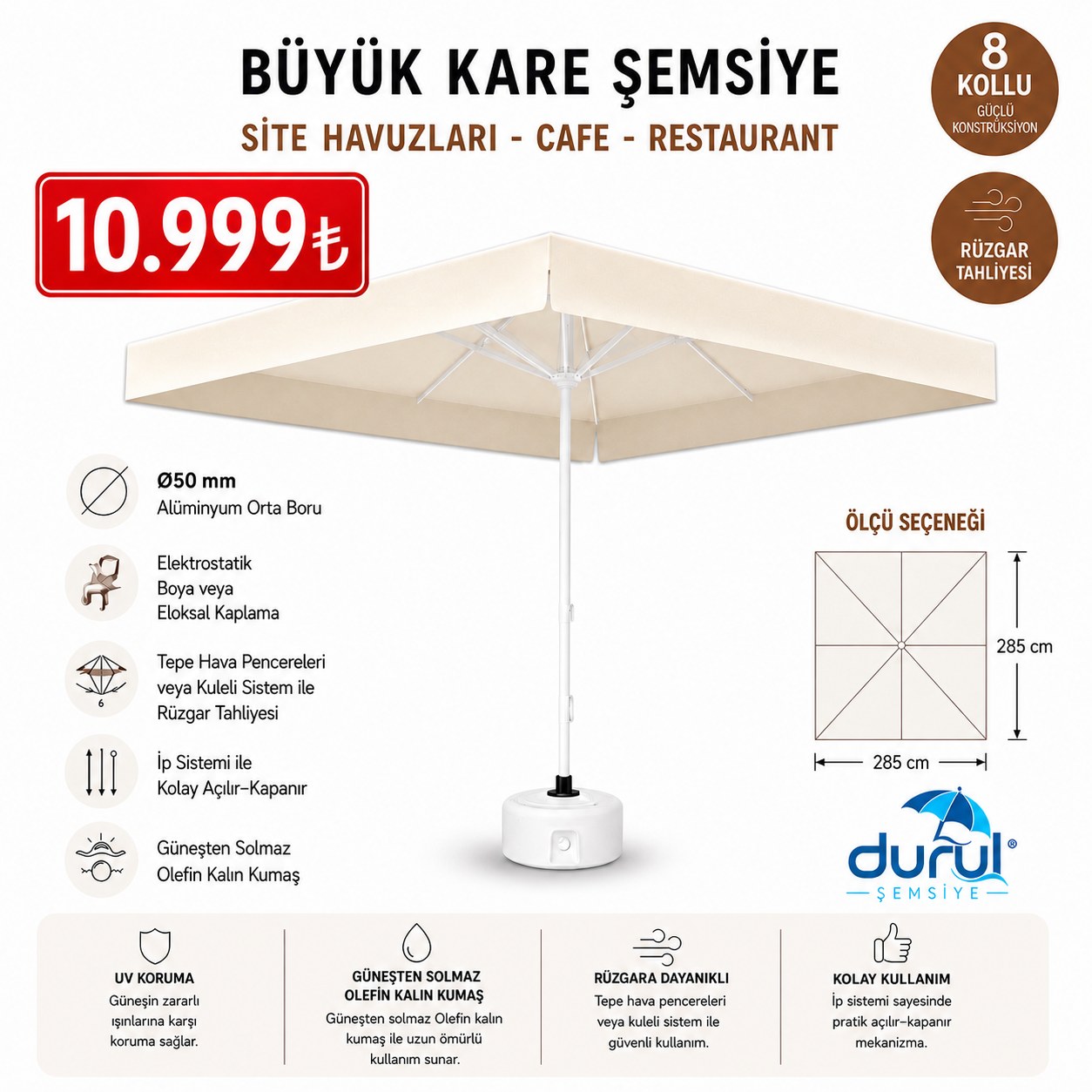 2,85 x 2,85 m Büyük Kare Şemsiye